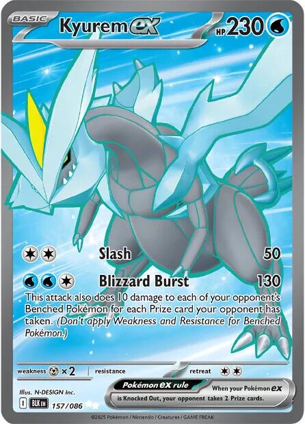 Kyurem ex er et Ultra Rare / Secret Rare ex kort fra Pokemon SV10.5 Black Bolt serien.
Kortet har nummer 157/086.