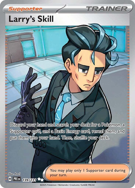 Larry’s Skill er et Ultra Rare / Secret Rare kort fra Pokemon SV08.5 Prismatic Evolutions serien. Kortet har nummer 139/131.