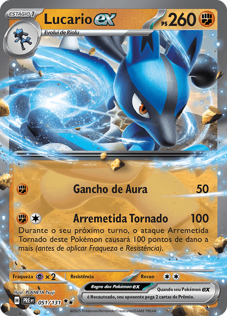 Lucario ex er et Double Rare / Super Rare kort fra Pokemon SV08.5 Prismatic Evolutions serien. Kortet har nummer 051/131.