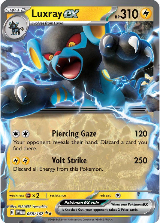 Luxray ex er et Double Rare / Super Rare ex kort fra Pokemon SV06 Twilight Masquerade serien. Kortet har nummer 068/167.