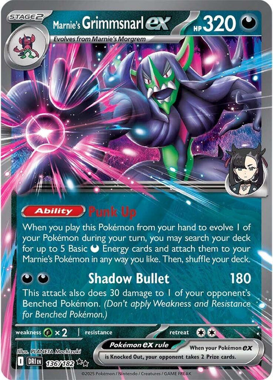 Marnie’s Grimmsnarl ex er et Double Rare | Super Rare ex (SV) pokemon kort fra SV10 Destined Rivals serien og har nummer 136/182.