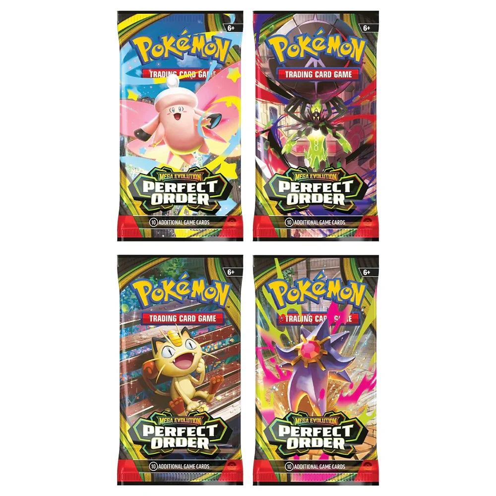 Billede af Pokémon TCG: Perfect Order Booster Pack Art Sæt med alle fire motiver: Mega Zygarde, Mega Starmie, Mega Clefable og Meowth.
