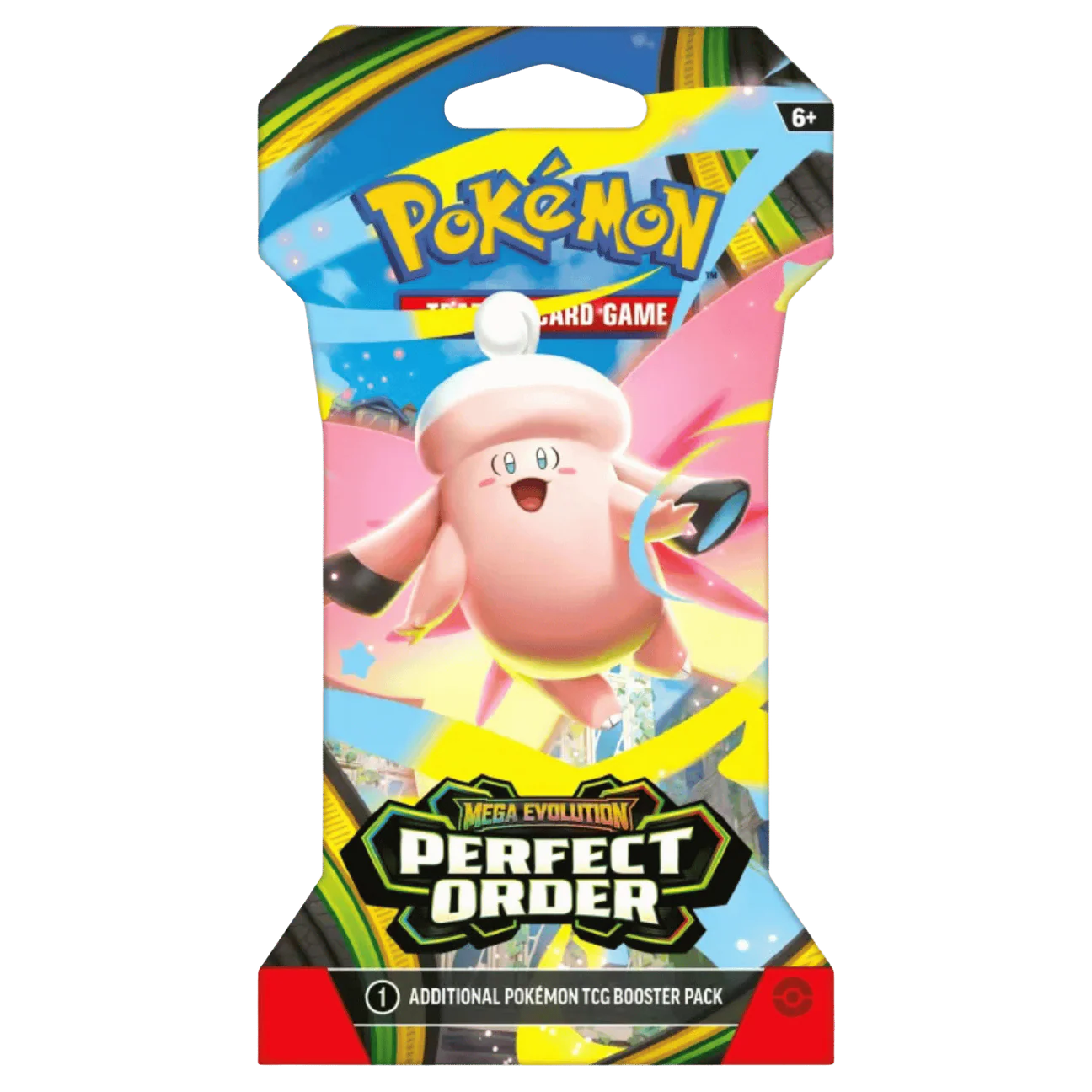 Billede af Pokémon TCG: Mega Evolution — Perfect Order Sleeved Booster Pack Mega Clefable med 10 kort, 1 Energy og TCG Live‑kodekort.
