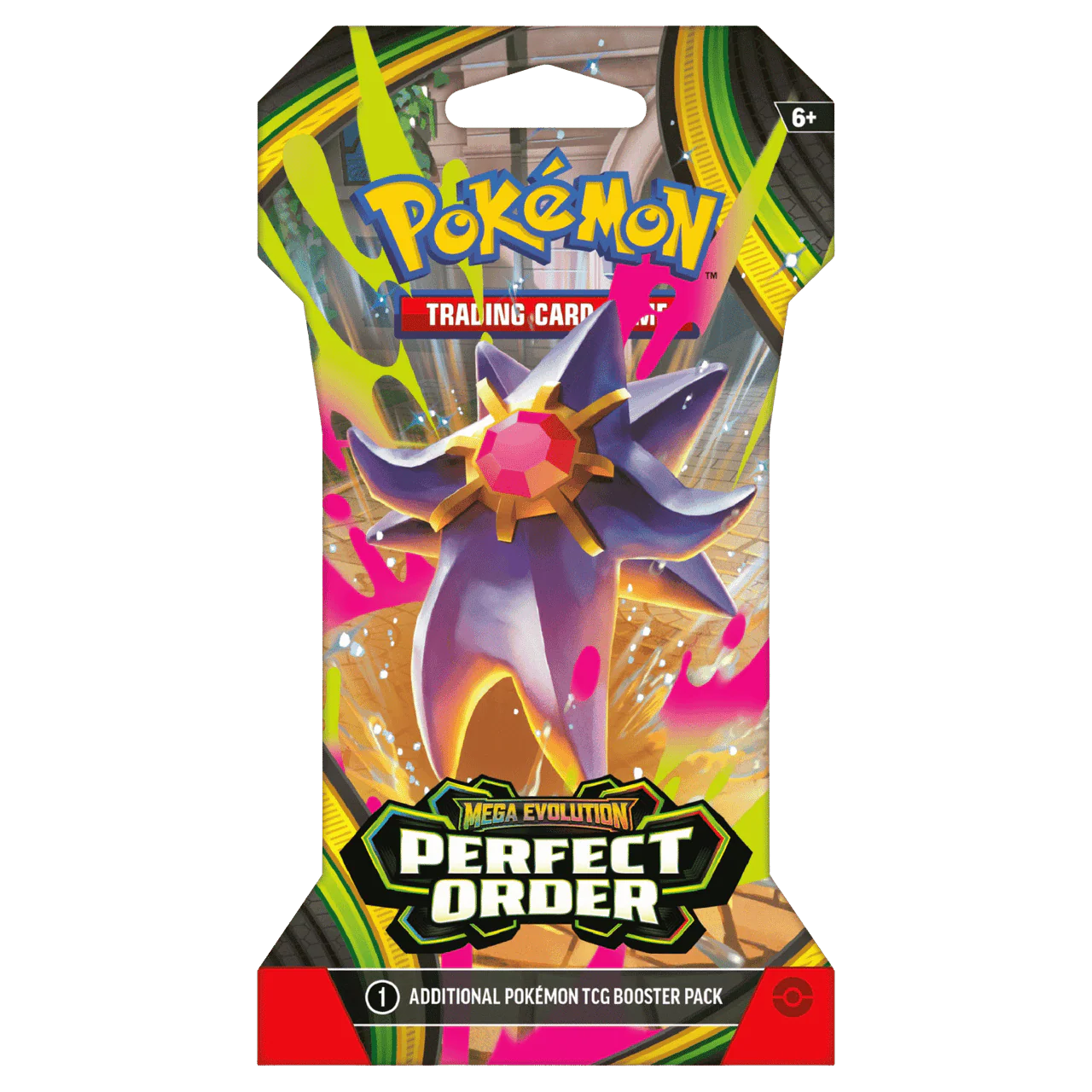 Billede af Pokémon TCG: Mega Evolution — Perfect Order Sleeved Booster Pack Mega Starmie med 10 kort, 1 Energy og TCG Live‑kodekort.