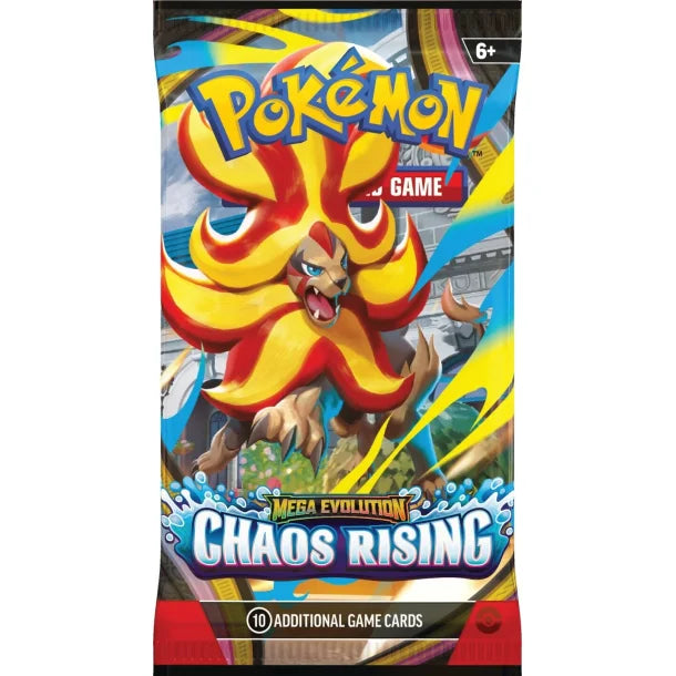 Mega Evolution Chaos Rising ME04 booster med Pokémon kort og mulighed for sjældne og holografiske kort - variant Puroar.