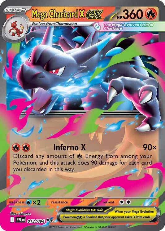 Mega Charizard X ex er et Double Rare / Super Rare kort fra Pokemon ME02 Phantasmal Flames serien. Kortet har nummer 013/094.