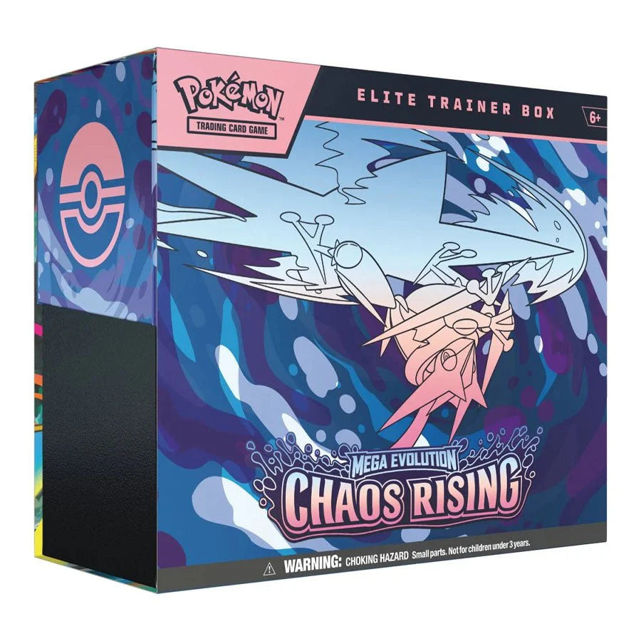 Mega Evolution Chaos Rising Elite Trainer Box ME04 Pokémon samleboks med boosterpakker, promo kort og spiltilbehør.