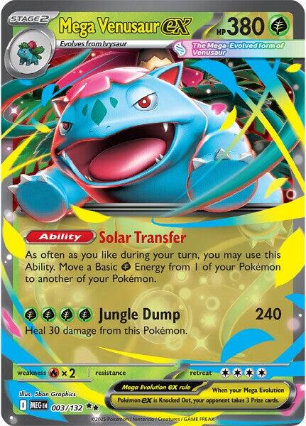 Mega Venusaur ex er et Double Rare / Super Rare ex kort fra ME01 Mega Evolution serien. Kortet har nummer 003/132. Kortet er i god stand.
