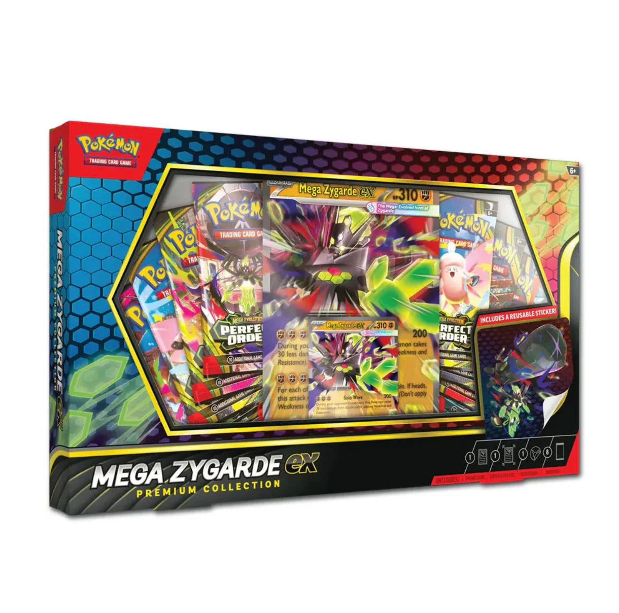 Mega Zygarde Premium Collection EX Box med 6 boosters og eksklusive Zygarde‑kort.