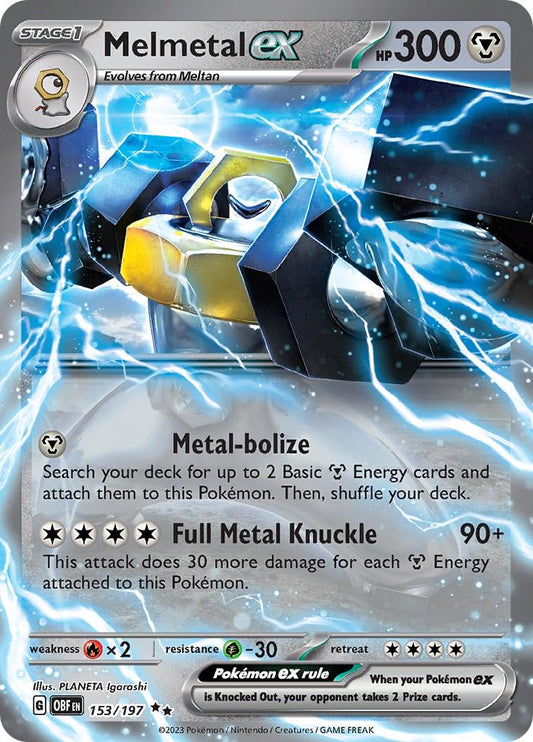Melmetal ex er et Double Rare / Super Rare ex kort fra Pokemon SV03 Obsidian Flames serien. Kortet har nummer 153/197.