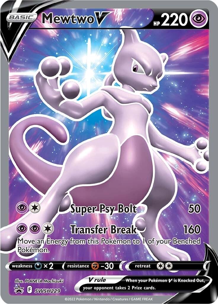 Mewtwo V – SWSH229 er et pokemonkort fra SWSH Black Star Promo serien. Kortet blev udgivet ekslusivt i Elite Trainer box fra SWSH Pokemon GO.