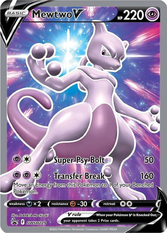 Mewtwo V – SWSH229 er et pokemonkort fra SWSH Black Star Promo serien. Kortet blev udgivet ekslusivt i Elite Trainer box fra SWSH Pokemon GO.