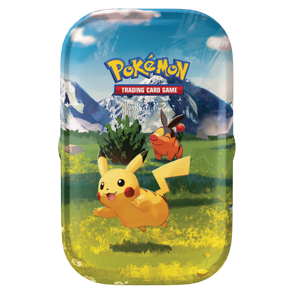 Pokémon Minitin ME02.5 Ascended Heroes med Pikachu og Tepig motivet, indeholdende to boosterpakker, klistermærkeark og kunstkort