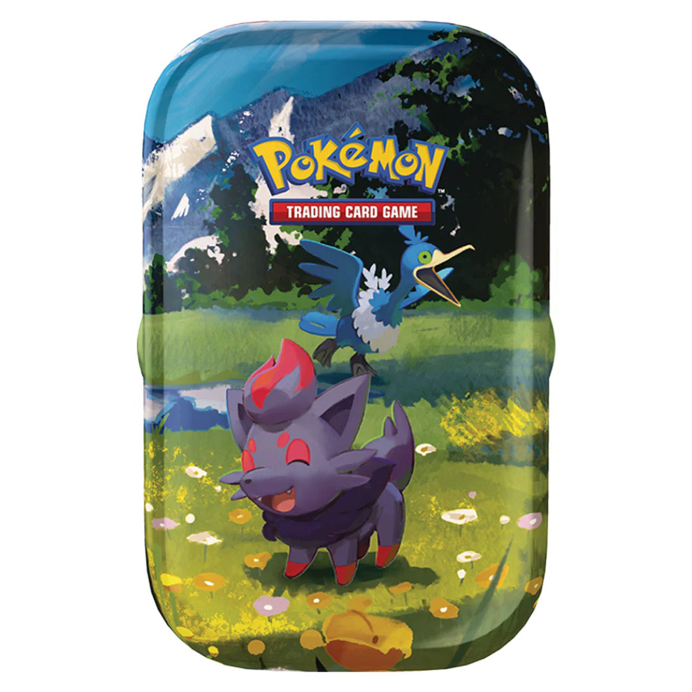 Pokémon Minitin ME02.5 Ascended Heroes med Zorua & Cramorant motivet, indeholdende to boosterpakker, klistermærkeark og kunstkort.