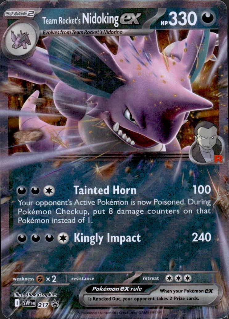 Team Rocket’s Nidoking ex – SVP217 er et kort fra Pokemon SVP Black Star Promo serien.
Kortet blev udgivet ekslusivt i Team Rocket’s Nidoking ex Tin.