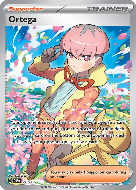 Ortega er et Ultra Rare / Secret Rare kort fra Pokemon SV03 Obsidian Flames serien. Kortet har nummer 219/197.