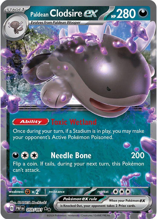 Paldean Clodsire ex er et Double Rare / Super Rare ex kort fra Pokemon SV04.5 Paldean Fates serien. Kortet har nummer 059/091. Kortet er i god stand.
