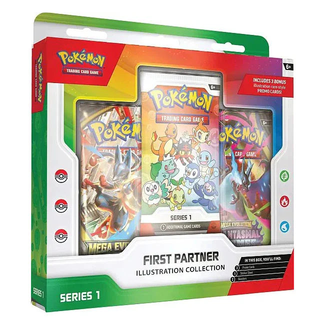 Illustrationssamling fra Pokémon – First Partner Illustration Collection: Series 1 med kunsttryk af klassiske første partner‑Pokémon.