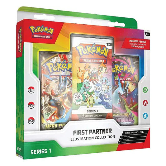 Illustrationssamling fra Pokémon – First Partner Illustration Collection: Series 1 med kunsttryk af klassiske første partner‑Pokémon.