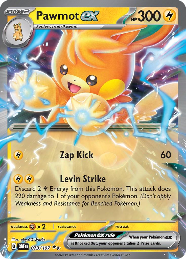 Pawmot ex er et Double Rare / Super Rare kort fra Pokemon SV03 Obsidian Flames serien. Kortet har nummer 073/197.