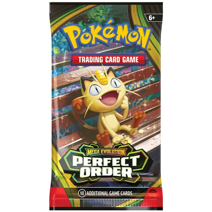Billede af Pokémon TCG: Mega Evolution—Perfect Order boosterpakke Mew med 10 kort, 1 Energy og TCG Live‑kodekort.