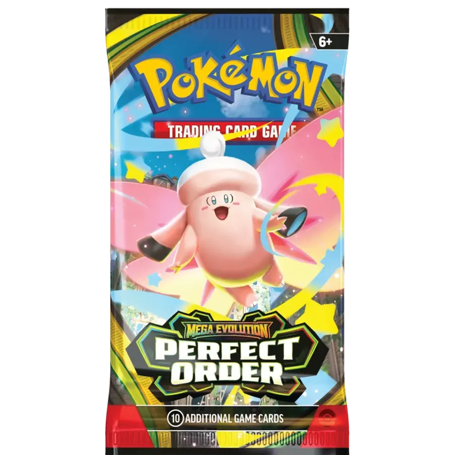 Billede af Pokémon TCG: Mega Evolution—Perfect Order boosterpakke Mega Clefable med 10 kort, 1 Energy og TCG Live‑kodekort.