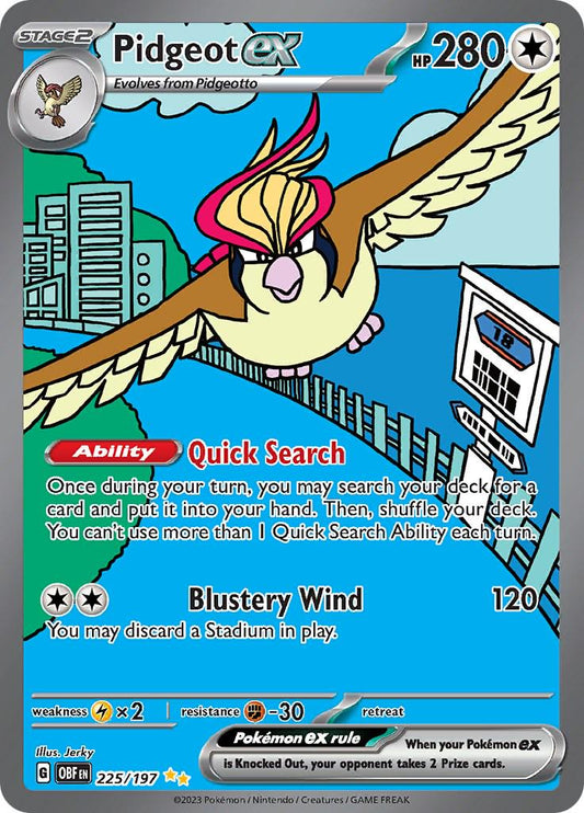 Pidgeot ex er et Special Illustration Rare / Secret Rare ex kort fra Pokemon SV03 Obsidian Flames serien. Kortet har nummer 225/197.