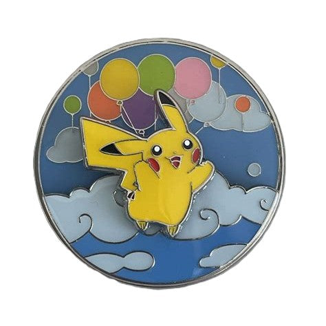 Front view of the Pokémon 25th Anniversary pin featuring Flying Pikachu with colorful balloons.