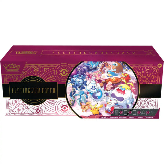 Pokémon TCG Julekalender 2025 med 25 låger, dekoreret med festlige Pokémon-motiver og indeholdende kort, boosterpakker, mønter og klistermærker.