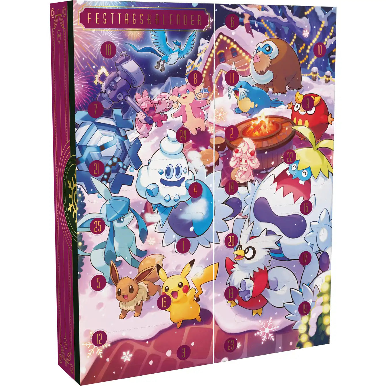 Pokémon TCG Julekalender 2025 med 25 låger, dekoreret med festlige Pokémon-motiver og indeholdende kort.