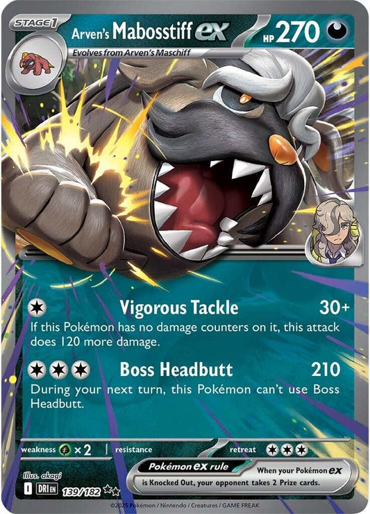 Arven’s Mabosstiff ex er et Double Rare / Super Rare ex (SV) kort fra Pokemon SV10 Destined Rivals serien. Kortet er i god stand (Near Mint eller bedre).