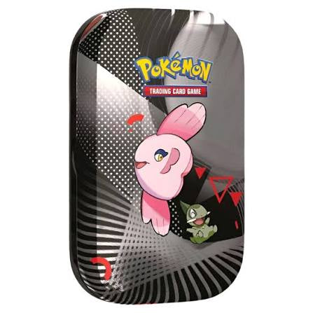 Pokémon TCG Black Bolt & White Flare Mini Tin med Axew & Alomomola, indeholdende to boosterpakker, kunstkort og klistermærker i en farverig metaldåse