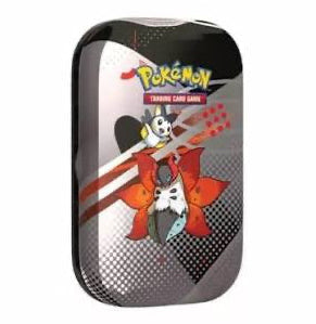 Pokémon TCG Black Bolt & White Flare Mini Tin med Volcarona & Emogla, indeholdende to boosterpakker, kunstkort og klistermærker i en farverig metaldåse.
