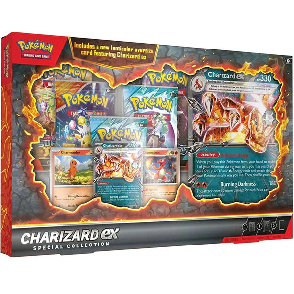 Pokémon TCG Charizard ex Special Collection med foil-kort af Charizard, Charmander og Charmeleon, samt lentikulært jumbo-kort og boosterpakker i en mørk og flammeinspireret gaveæske.