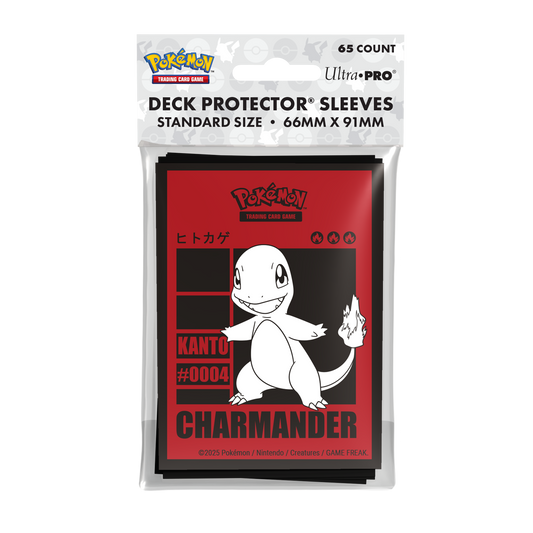 Pokémon Charmander Deck Protector Sleeves, pakke med 65 kortlommer (66x91 mm) med Charmander‑motiv.