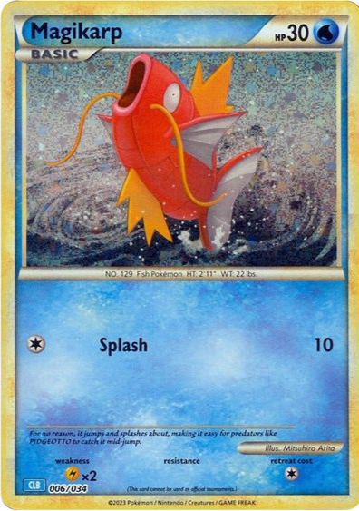 Holografisk Magikarp Pokémon-kort 006/034 fra 2023 Classic Blastoise Deck – vandtype med retro design og foil-finish