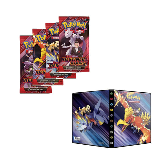 Et sæt med 4 booster-pakker fra Scarlet & Violet - Destined Rivals-udvidelse samt en mappe med motivet fra den samme serie som kan rumme 80 kort.
