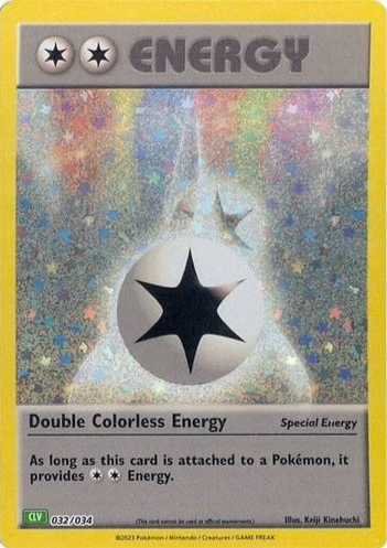 Double Colorless Energy 032/034 Special Energy-kort fra Pokémon TCG Classic Venusaur Deck, med holografisk artwork af to glødende energisymboler i hvidt og sølv.