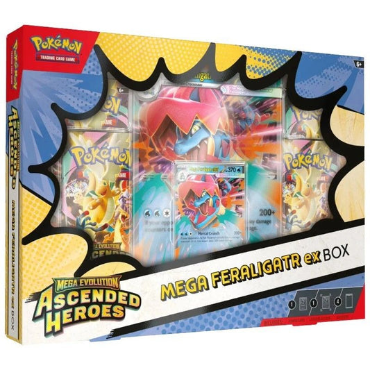 Pokémon Mega Feraligatr EX Box med promokort, jumbo‑kort og Ascended Heroes boosterpakker.