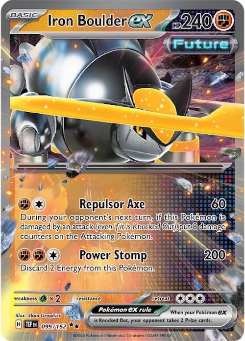 Iron Boulder ex er et Double Rare / Super Rare ex kort fra Pokemon SV05 Temporal Forces serien. Kortet er i god stand og har nummer 99/162.