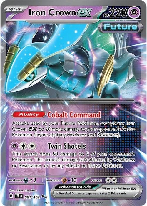 Iron Crown ex er et Double Rare / Super Rare ex kort fra Pokemon SV05 Temporal Forces serien. Kortet er i en god stand.