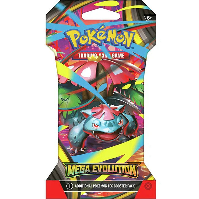Pokémon Mega Evolution Sleeved Booster Pack med artwork af Mega Bulbasaur, indeholdende 10 kort og en energikode, pakket i farverig blister med metallic finish.