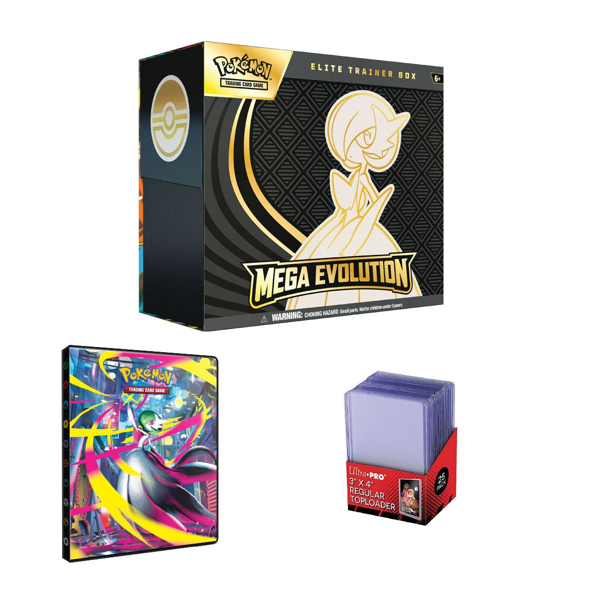 En sej Mega Evolution Elite Trainer Box suppleret med en mappe med Mega Evolution-motiver og Ultra-PRO toploaders.
