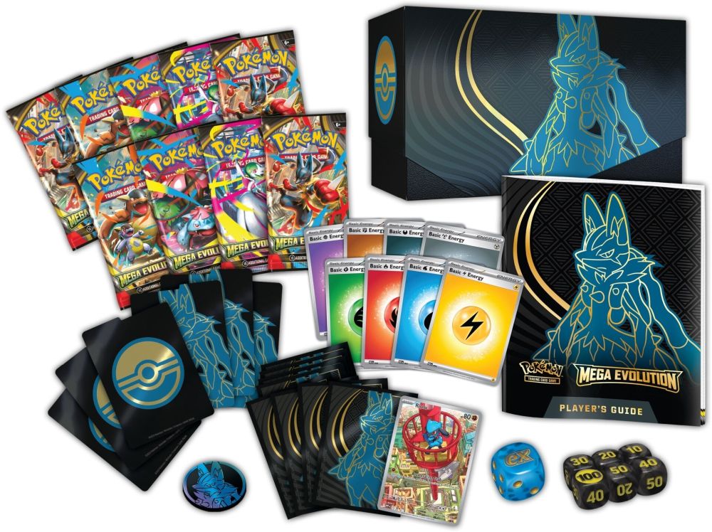 Mega Lucario Elite Trainer Box fra Pokémon TCG’s Mega Evolution-udvidelse indeholder booster pakker, et eksklusivt promokort og essentielle spiltilbehør. 