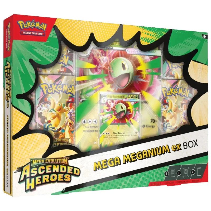 Pokémon Mega Meganium EX Box med promokort, jumbo‑kort og fire Ascended Heroes boosterpakker.