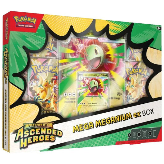 Pokémon Mega Meganium EX Box med promokort, jumbo‑kort og fire Ascended Heroes boosterpakker.
