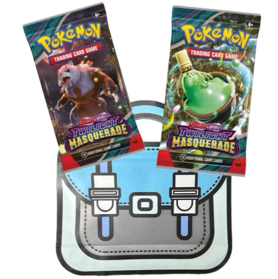 En blå goodie-bag med 2 Pokémon booster-pakker fra Scarlet & Violet-udvidelser, præsenteret i en gennemsigtig zip-pose.