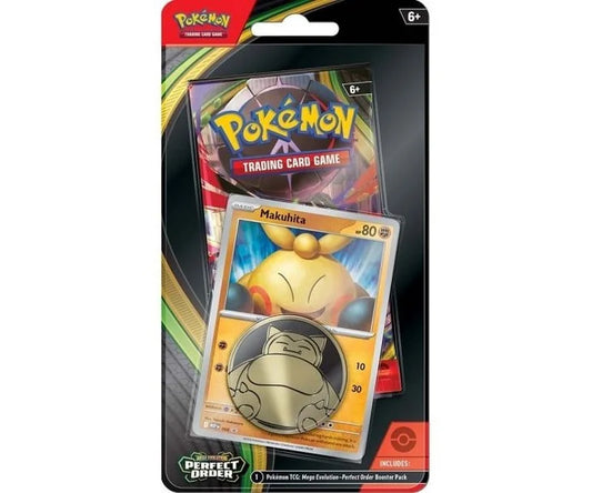 Pokémon Perfect Order Checklane Blister med boosterpakke, promokort og mønt.

