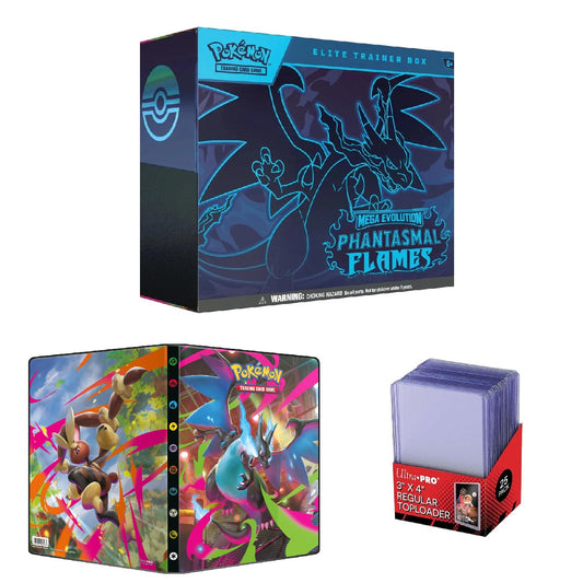 I dette sæt får du en sej Mega Evolution Phantasmal Flames ME02 Elite Trainer Box suppleret med en mappe med Phantasmal Flames-motiver og Ultra-PRO toploaders.