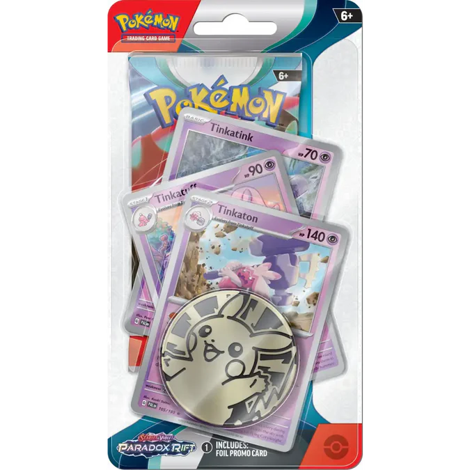 Pokémon TCG Paradox Rift Premium Checklane Blister med Tinkaton promo-kort, boosterpakke og metallic mønt.
